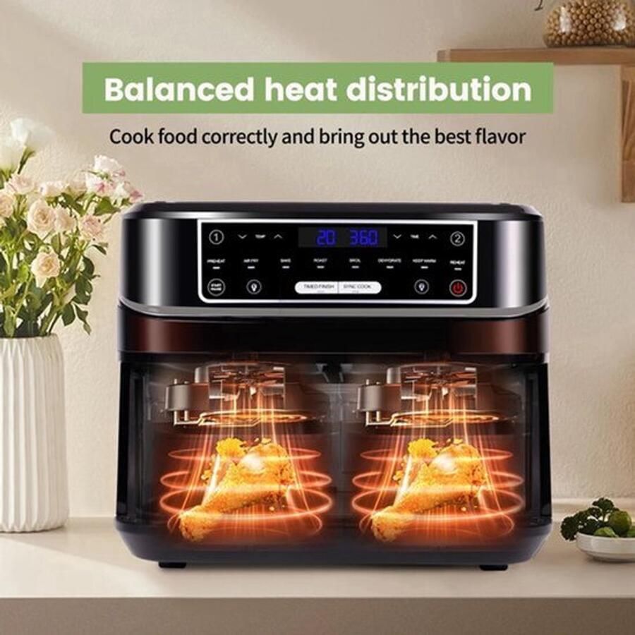 Heteluchtfriteuse 10L – Airfryer Dubbele Lades – 2000W 240V Touchscreen – 8 Automatische Programma's – Kijkvenster Zwart