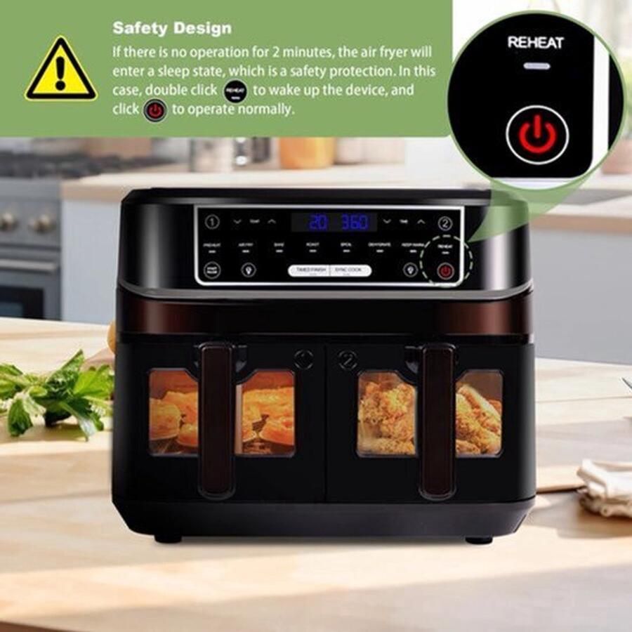 Heteluchtfriteuse 10L – Airfryer Dubbele Lades – 2000W 240V Touchscreen – 8 Automatische Programma's – Kijkvenster Zwart