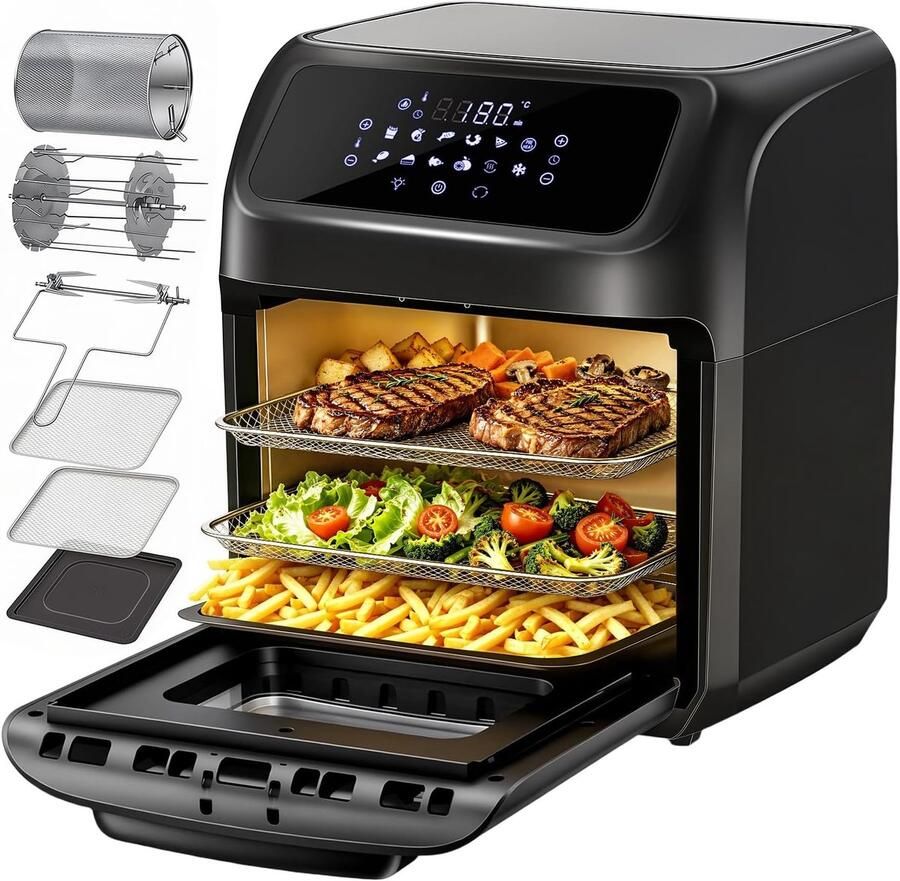 Heteluchtfriteuse 12 l heteluchtoven mini-oven 1800 W heteluchtoven met digitaal led-display fruitdehydrator barbecue Heteluchtoven 1800 W 7 accessoires 12-in-1 AirFryer warmhoudfunctie vaatwasmachinebestendig