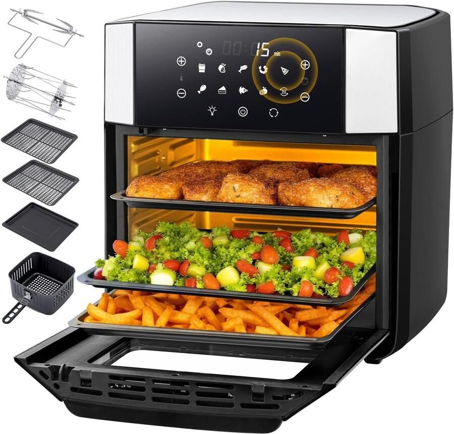 Heteluchtfriteuse 15 liter heteluchtoven 90% minder olie Air Fryer XXL 1800 W 10-in-1 mini-oven met convectie draaifunctie airfryer met touchscreen 7 accessoires van roestvrij staal zwart