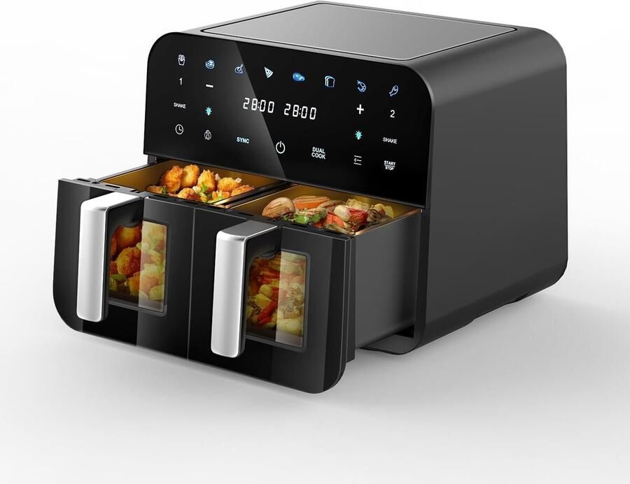 Heteluchtfriteuse 2 kamers Dubbele Airfryer Gezond Frituren 9 Liter Capaciteit 39x30x39 cm Zwart
