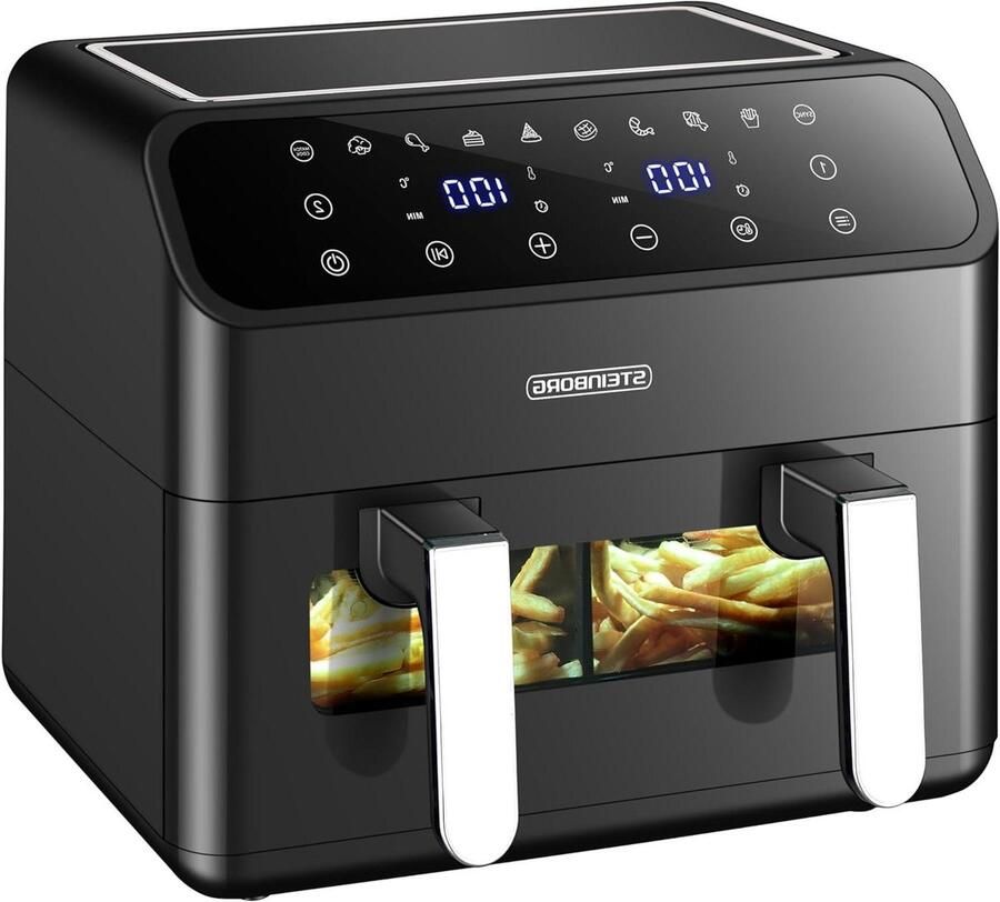 Heteluchtfriteuse 2 kamers Dubbele airfryer Gezond koken Twee zones apart 8 liter totaal Zwart