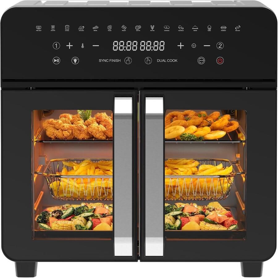 Heteluchtfriteuse 23L Dual Zone XXL Airfryer met Franse deur heteluchtfriteuse oven met dubbele kamer 15 programma's 2200 W 12 accessoires uitneembare scheidingswand voor kookruimte 50-200 °C