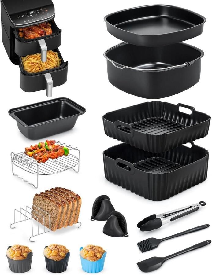 Heteluchtfriteuse Accessoires Airfryer Bakvormen Bakken en Grillen 15-Delige Set Voor 108L Dubbele Mand Zwart