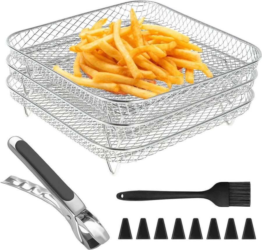 Heteluchtfriteuse Accessoires Airfryer Grill Gelijkmatig Bakken 3-Laags Stapelbaar 20 cm Zilver