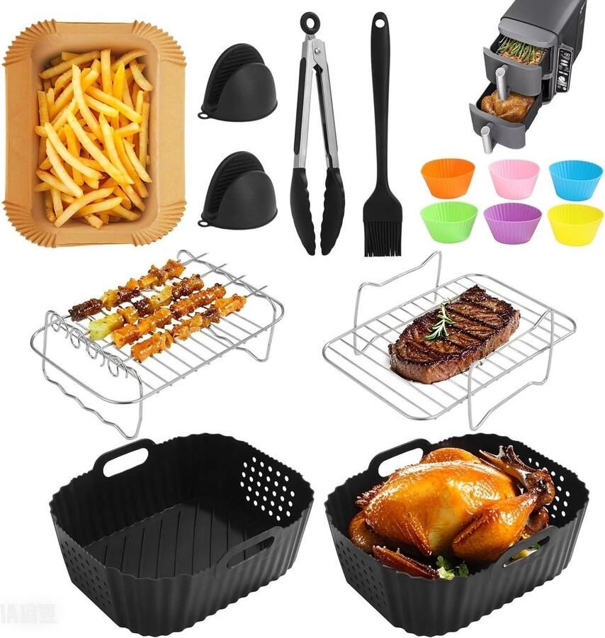 Heteluchtfriteuse Accessoires Airfryer Mallen Koken en Bakken 19 Delige Set 95 Liter Zwart