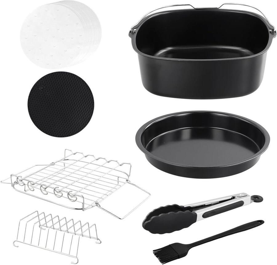 Heteluchtfriteuse Accessoires Airfryer Set Bakken en Grillen 8-delige Set 20 cm Diameter Zilver