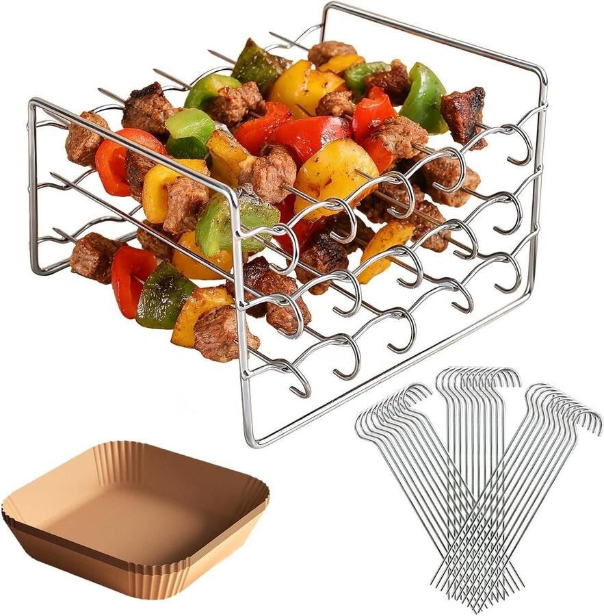 Heteluchtfriteuse Accessoires Grillrooster Set Dubbel Koken Roestvrij Staal 17x17x7 cm Zilver