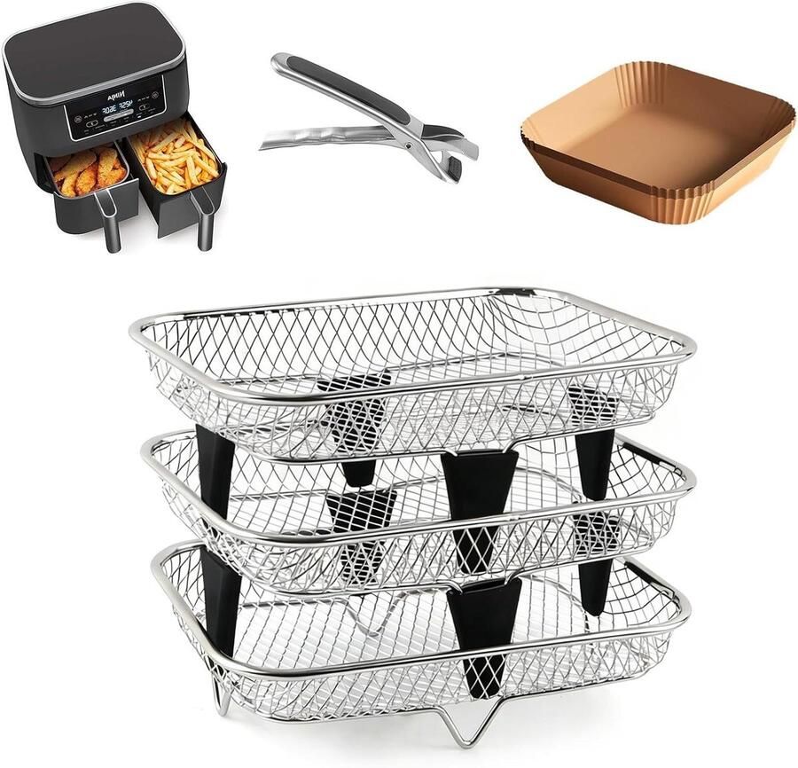 Heteluchtfriteuse Accessoires Grillrooster Set Dubbel Koken Roestvrij Staal 19 cm Zilver