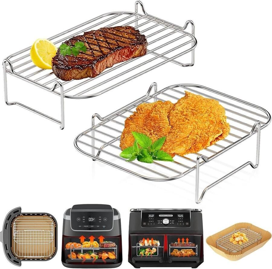 Heteluchtfriteuse Accessoires Grillrooster Set Dubbel Koken Stapelbaar Ontwerp 2 Delig Zilver