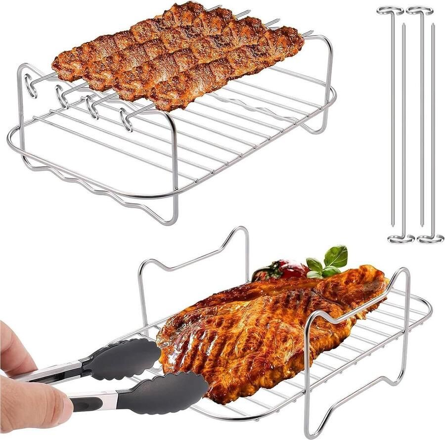 Heteluchtfriteuse Accessoires Grillrooster Stoommand Dubbele Porties Maken Roestvrij Staal 304 2 Stuks 4 Spiesen Zilver