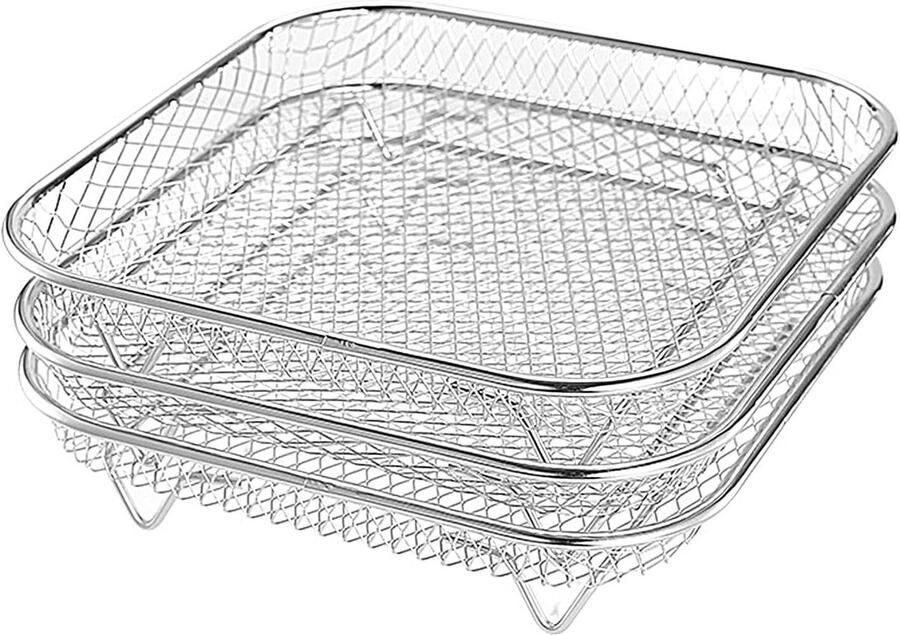 Heteluchtfriteuse Accessoires Grillroosters Droogmanden Koken Grillen Bakken Stapelbaar 3 Laags 20 cm Vierkant Zilverkleurig