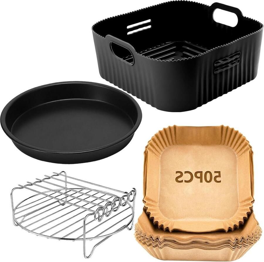 Heteluchtfriteuse-accessoires XXL voor Cosori 64 l 62 l 6 l Russell Hobbs 8 L 4 stuks airfryer accessoires met grillrooster pizzapan bakpapier siliconen vorm