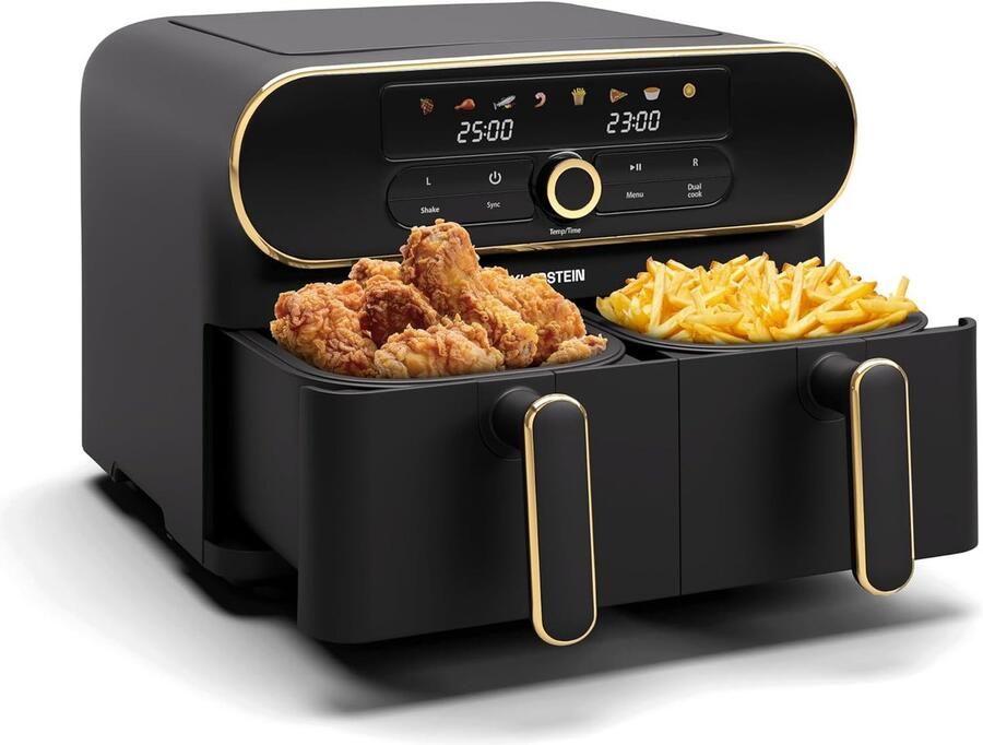 Airfryer met Twee Bakken Dubbele Airfryer Gezond Koken Twee Onafhankelijke Kamers 11 Liter Capaciteit Zwart Goud
