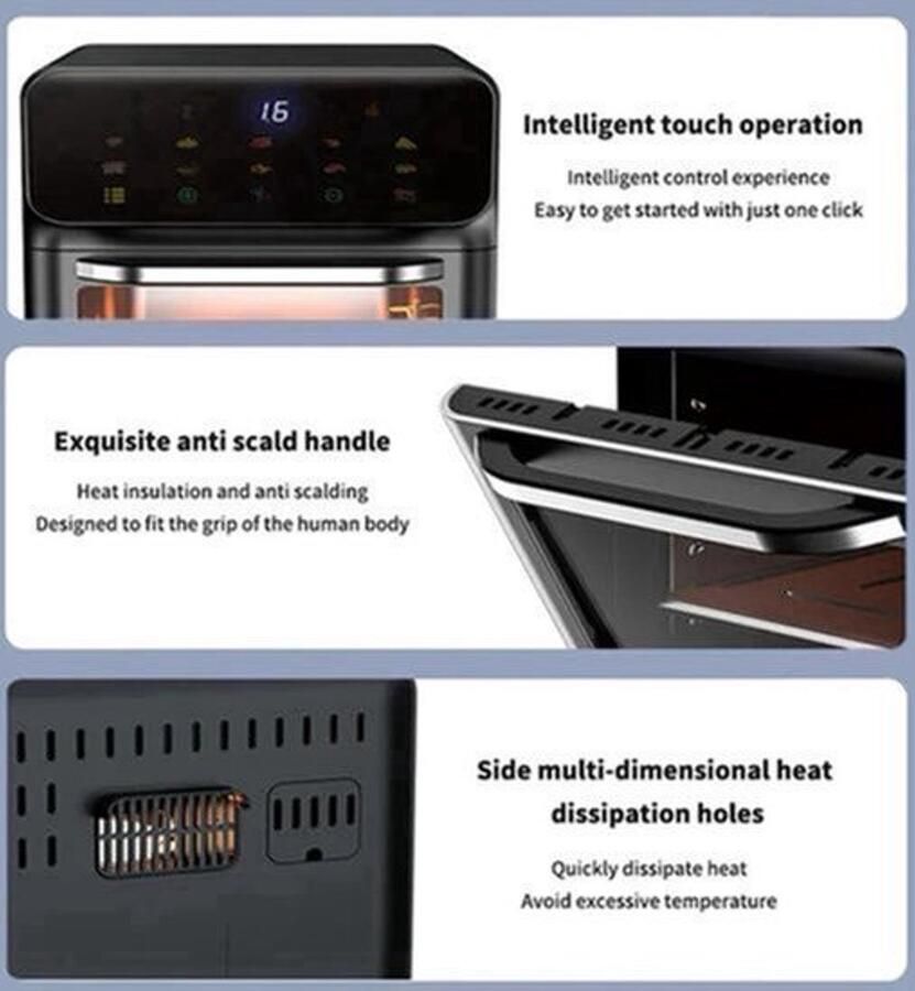Heteluchtfriteuse – Airfryer Oven 10L 1350W 360° Circulatie 80°C tot 230°C Airfryer Zonder Olie Touchscreen Kijkvenster Automatisch Uitschakelen Zwart