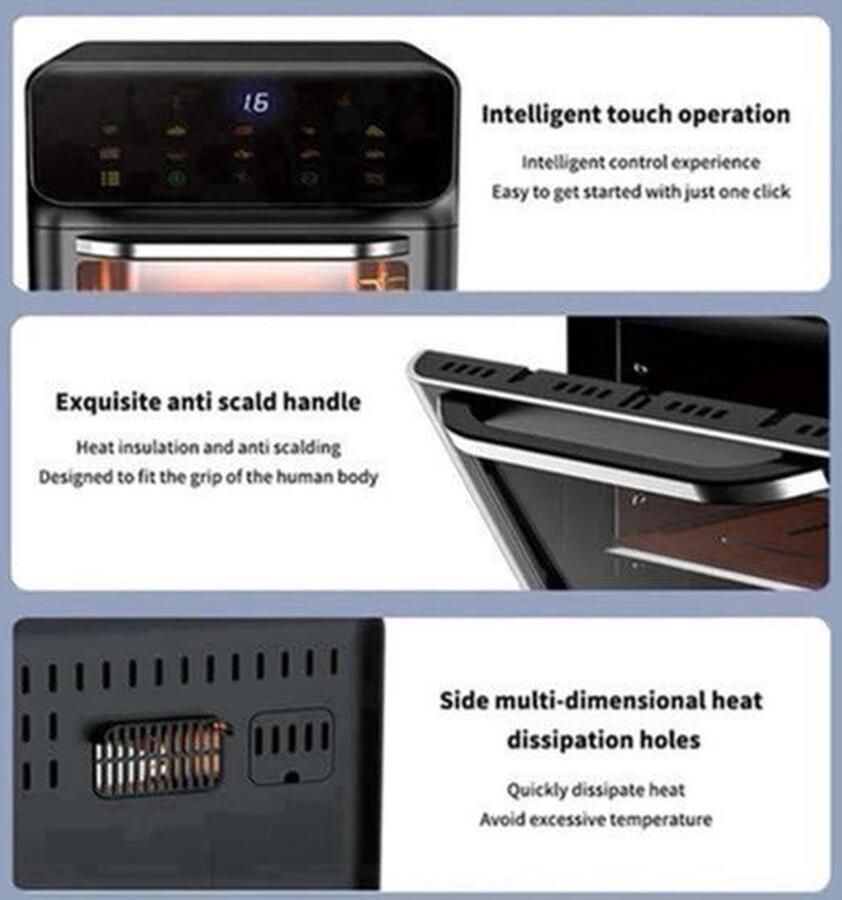 Heteluchtfriteuse – Airfryer Oven 10L 1350W 360° Circulatie 80°C tot 230°C Airfryer Zonder Olie Touchscreen Kijkvenster Automatisch Uitschakelen Zwart