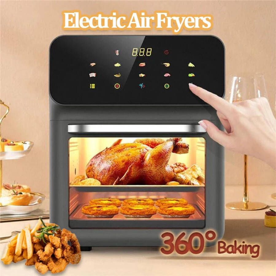 Airfryer 12L – Heteluchtfriteuse 1350W – 240V Olievrij Frituren – 360° Hete Lucht Circulatie – Touchscreen – Automatische Uitschakeling Meerdere Kookfuncties Zwart