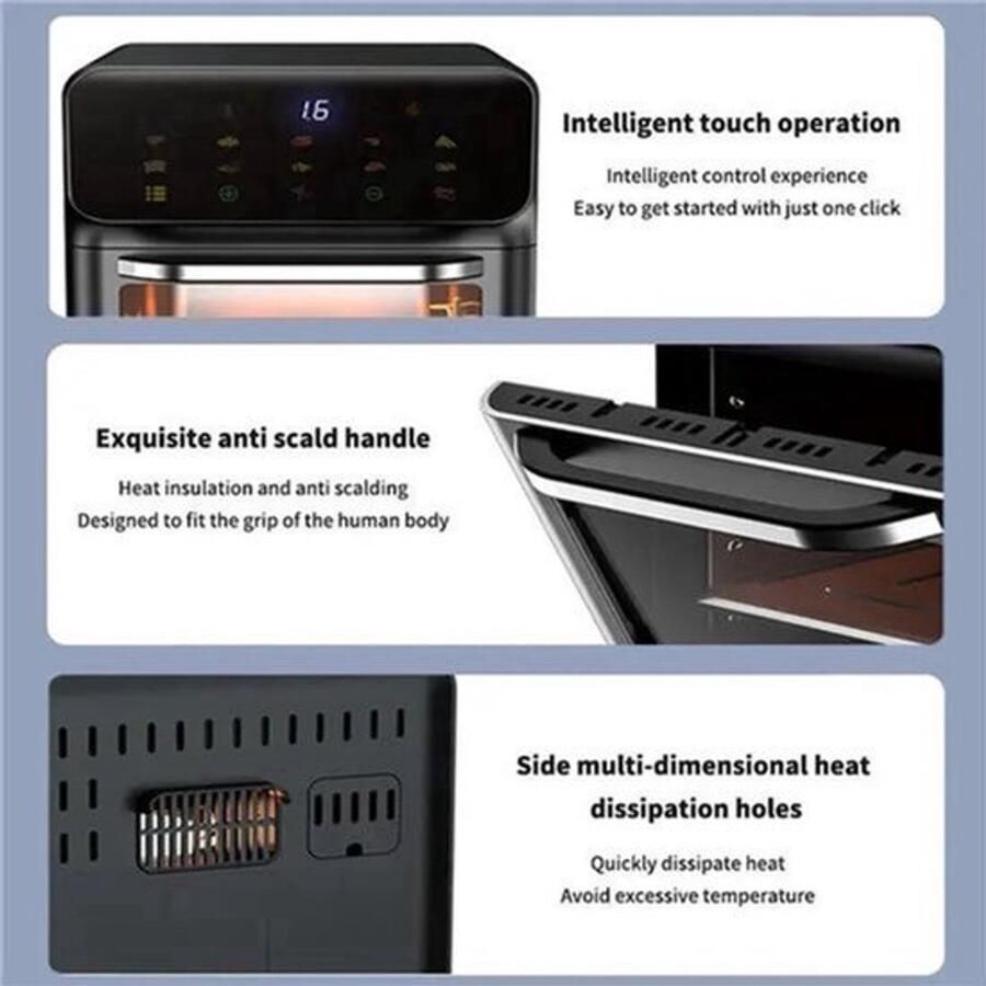 Heteluchtfriteuse – Airfryer Oven 12L 1350W LED Touchscreen Olievrije Heteluchtfriteuse Multifunctioneel Convectoroven Kijkvenster Grote Capaciteit Zwart