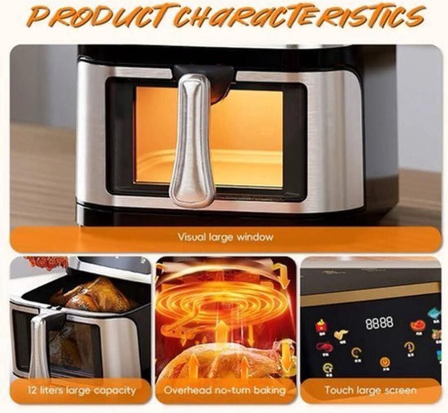 Heteluchtfriteuse – Airfryer Oven 12L 2000W Touch Display Airfryer Zonder Olie Kijkvenster RVS Hoge Temperatuur Zwart