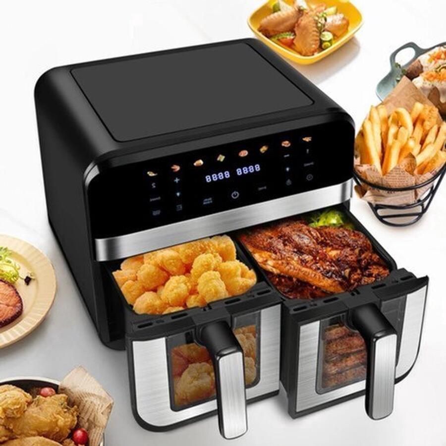 Heteluchtfriteuse – Airfryer Oven 15L Dubbele Zones 2600W 240V 8 Programma s Dubbele Mand XL -Touch Bedieningspaneel Kijkvenster Zwart