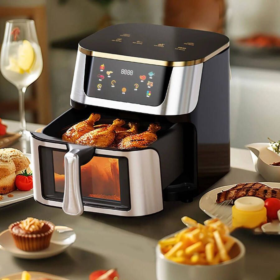 Heteluchtfriteuse – Airfryer Oven 8L 1400W Airfryer Zonder Olie LED Touchscreen Kijkvenster RVS Hoge Temperatuur Zwart