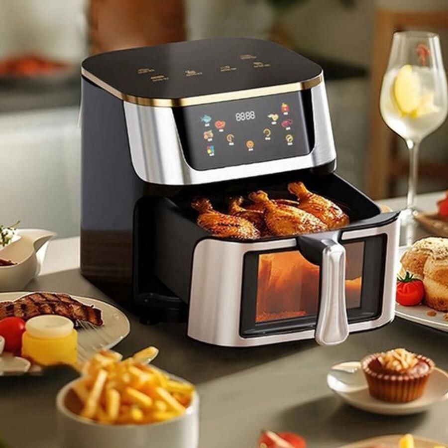 Heteluchtfriteuse – Airfryer Oven 8L 1400W Airfryer Zonder Olie LED Touchscreen Kijkvenster RVS Hoge Temperatuur Zwart