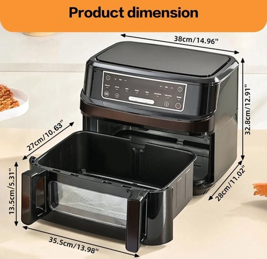 Heteluchtfriteuse – Airfryer Oven XXL 12L Dubbele Kookkamer Instelbaar 2000W 240V 8 Voorgeprogrammeerde Programma's LED Touchscreen Kijkvenster Zwart