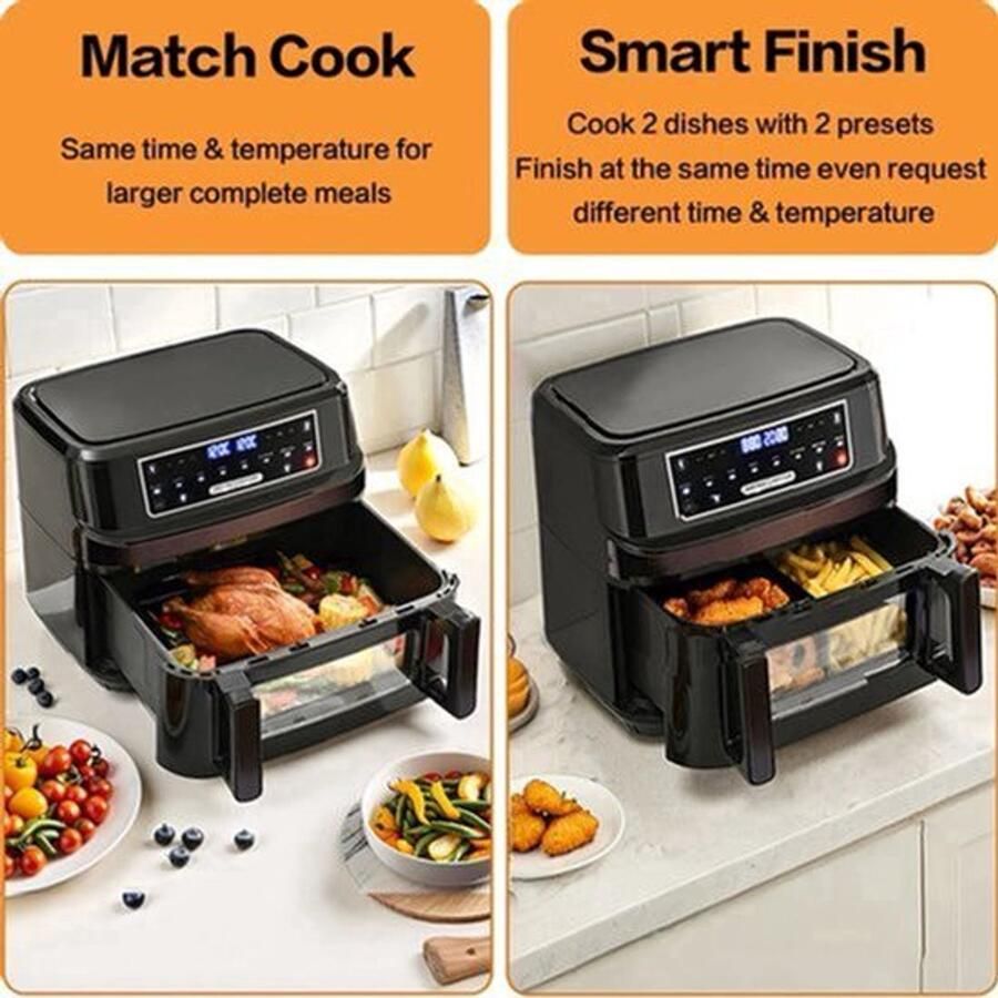 Heteluchtfriteuse – Airfryer Oven XXL 12L Dubbele Kookkamer Instelbaar 2000W 240V 8 Voorgeprogrammeerde Programma's LED Touchscreen Kijkvenster Zwart