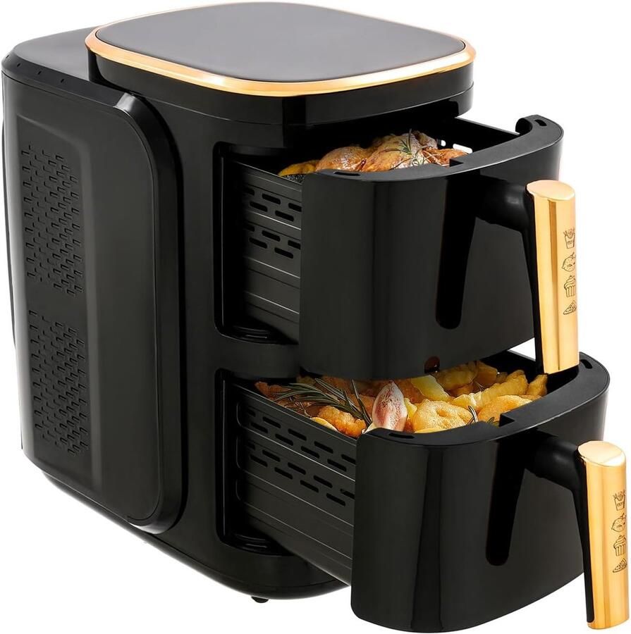 Heteluchtfriteuse Dubbel Airfryer Keuken Gezond Koken Twee Manden 12 Liter Capaciteit Zwart Goud