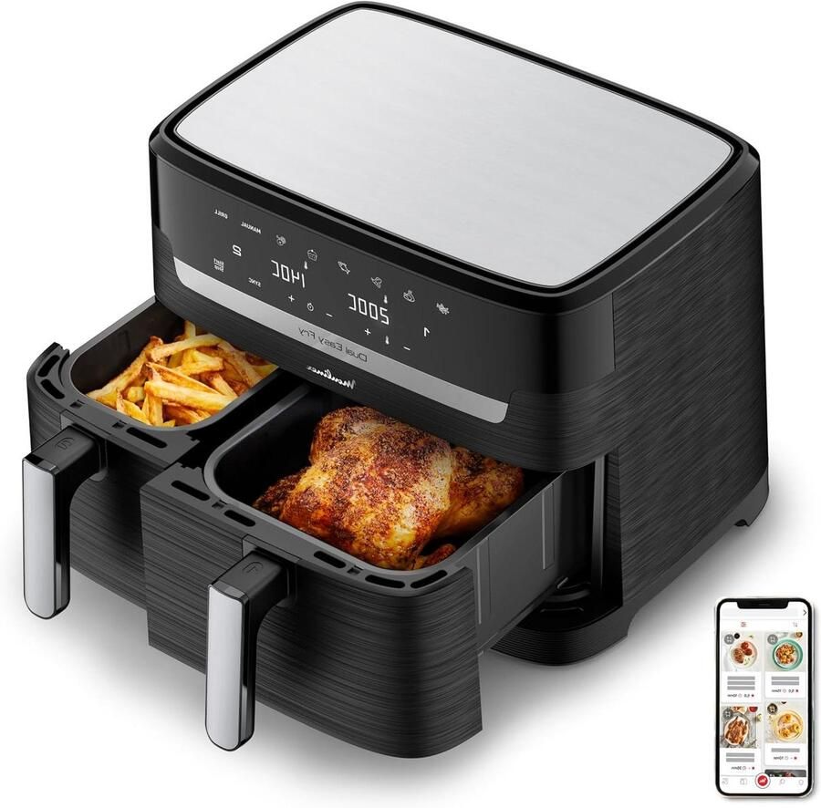 Moulinex Air Fryer twee vakken + boek met 20 recepten XXL capaciteit 8 3 l tot 8 personen 7 automatische programma's digitaal touchscreen Dual Essential roestvrij staal YY5545FB