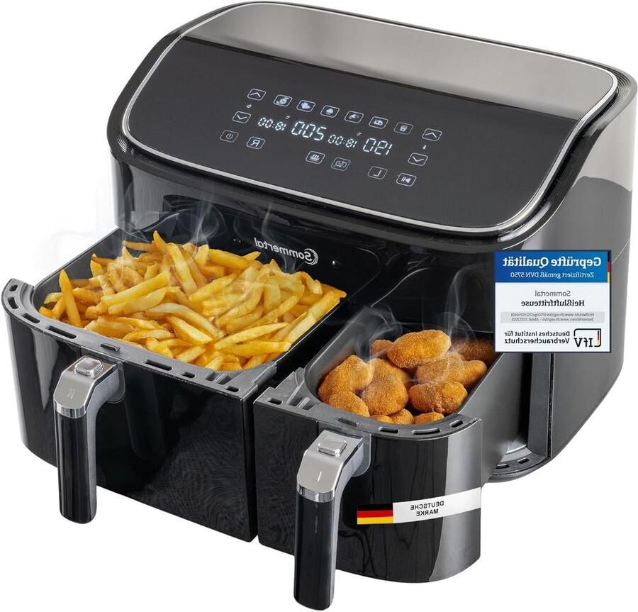Heteluchtfriteuse Dubbele Kamer Airfryer Twee Manden Gelijk Twee Gerechten 9 Liter Capaciteit 37x42x31 cm Zwart