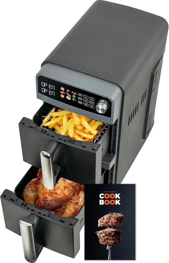 Heteluchtfriteuse Dubbel XL Airfryer Gelijkmatig Koken Twee Kamers 10 Liter Donkergrijs