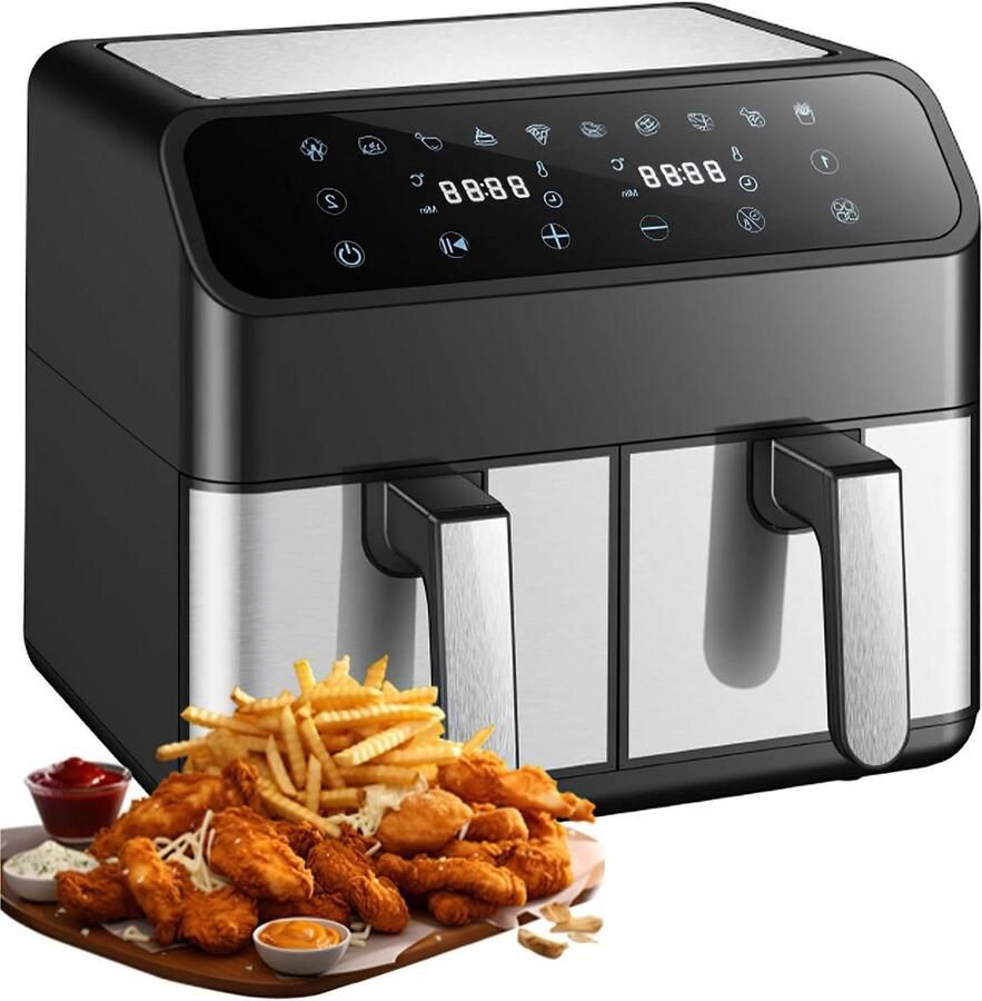 Heteluchtfriteuse Dubbele Kamer Airfryer Dual Zone Gezond Koken Twee Gerechten Tegelijk 8 Liter Zwart