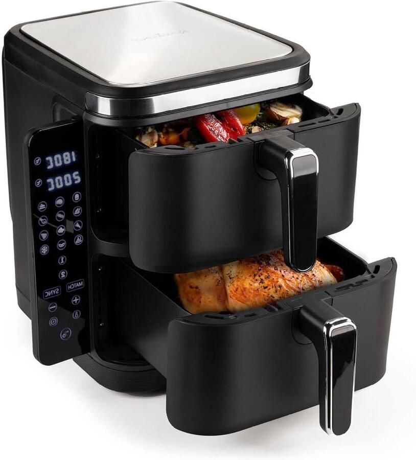 Heteluchtfriteuse Dubbele Kamer Airfryer XXL Friteuse Gezond Koken Verticaal Ruimtebesparend Design 104 Liter Zwart