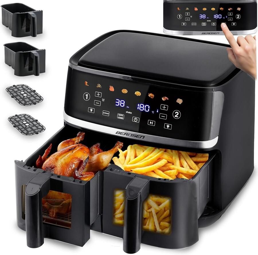 Heteluchtfriteuse Dubbele Kamer Airfryer XXL Gezond Frituren 2 Kijkvensters 102 Liter Zwart