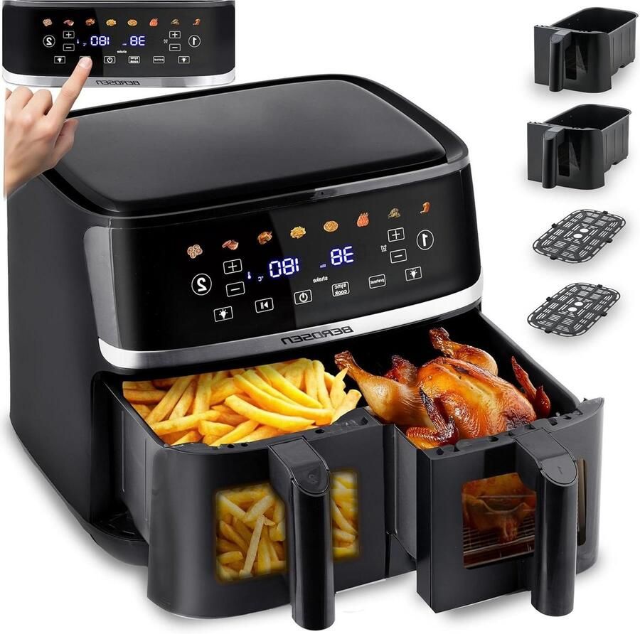 Heteluchtfriteuse Dubbele Kamer Airfryer XXL Gezond Frituren Twee Kijkvensters 102 Liter Zwart