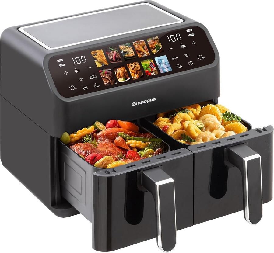 Heteluchtfriteuse Dubbele Kamer Airfryer XXL Gezond Koken Twee Aparte Manden 9 Liter Totaal Zwart