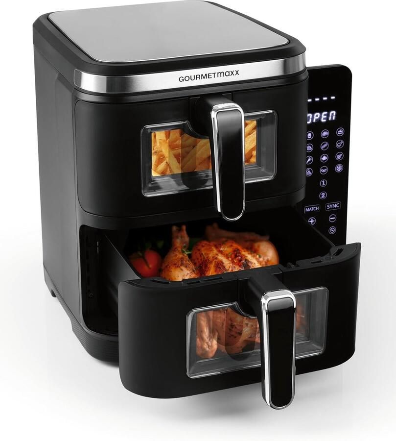 Heteluchtfriteuse Dubbele Kamer Airfryer XXL Twee Gerechten Tegelijk Slank Design Kijkvensters 10 Liter Volume Zwart