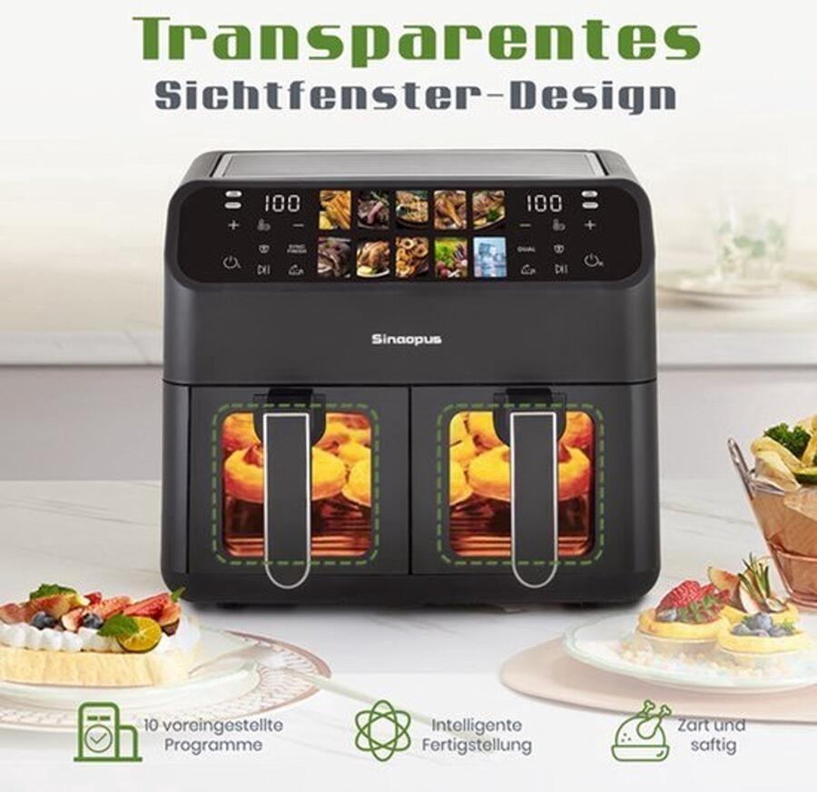 Heteluchtfriteuse Dubbele Korf 9L Inhoud 2000 W Vermogen LED Touch Display Olievrij Koken
