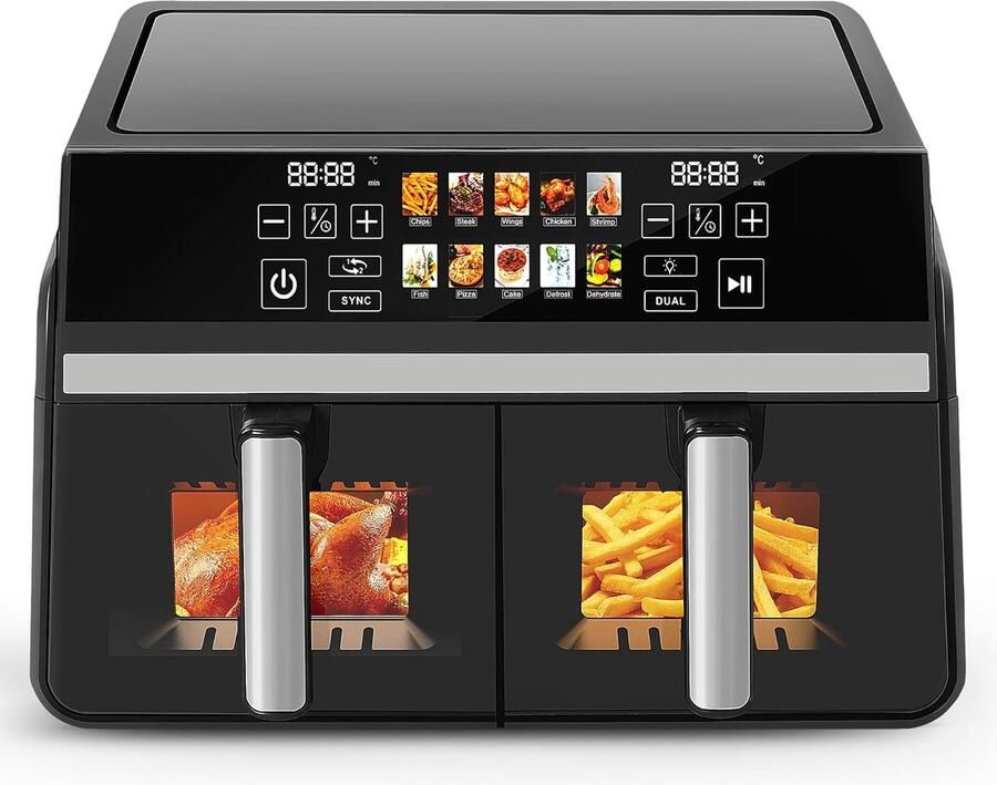 Heteluchtfriteuse Dubbele Lade Airfryer XXL Gezinsmaaltijden Bereiden SYNC DUAL Functie 10 Liter Capaciteit Zwart