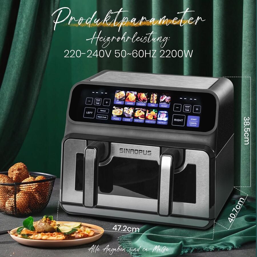 Heteluchtfriteuse Dubbele Mand 2200 W Vermogen 9 Liter Inhoud LED Touch Display Olievrij Familie Oven