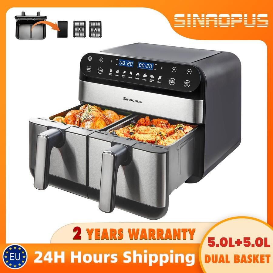 Heteluchtfriteuse Dubbele Mand 2400 W 10L Capaciteit LED Touchscreen Gezond Koken