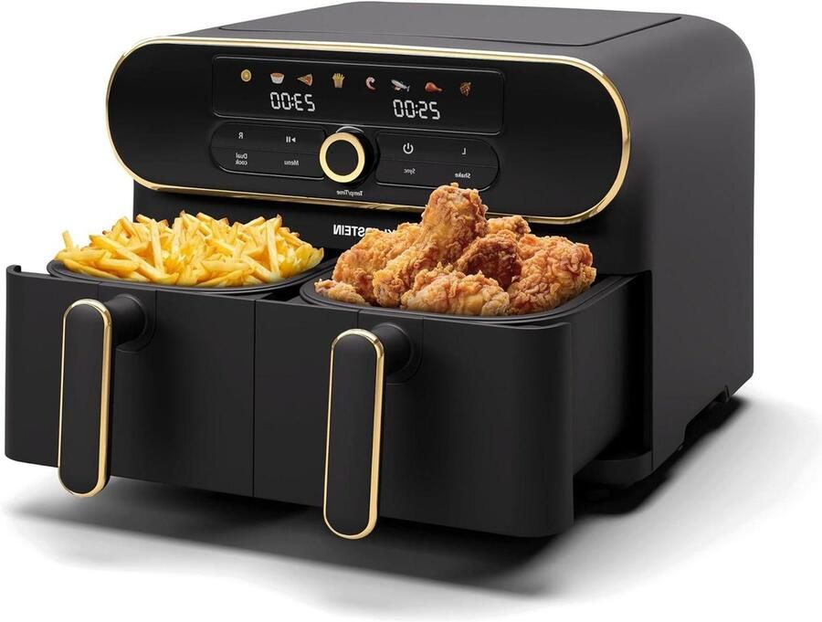 Heteluchtfriteuse Dubbele mand Gezond Koken Twee aparte zones 11 Liter Zwart Goud