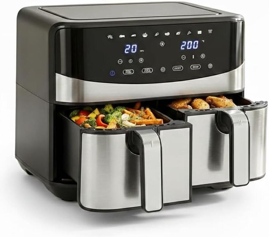 Heteluchtfriteuse Dubbele Mand Luchtfriteuse Airfryer Gezinsmaaltijden Bereiden Dubbele Kamer Technologie 8 Liter Capaciteit Zwart Zilver