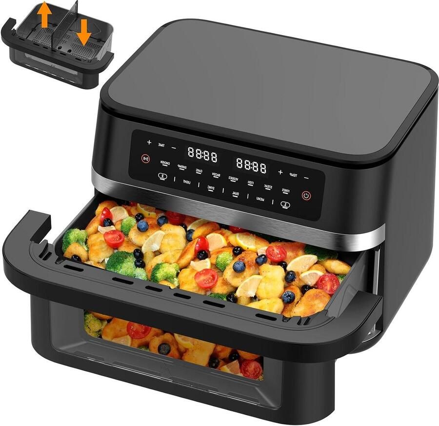 Heteluchtfriteuse Dubbele Zone Airfryer met Scheidingswand Flexibel Koken Groot Kijkvenster 11 Liter Zwart