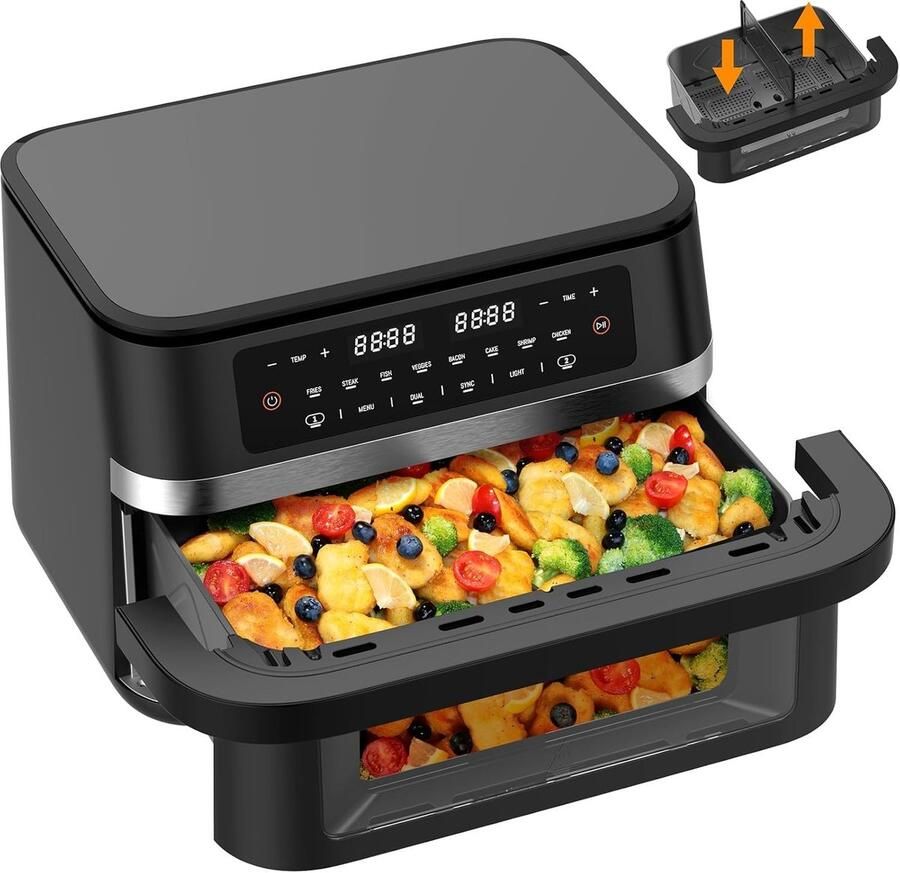 Heteluchtfriteuse Dubbele Zone XXL Airfryer Gezond Koken Verwijderbare Divider 11 Liter Zwart