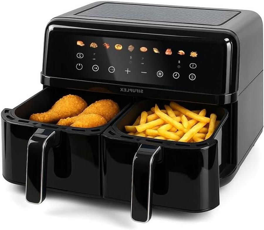 Heteluchtfriteuse Duo Dubbele Friteuse Gezond Frituren Rapid-Air Technologie 9 Liter Zwart Zilver