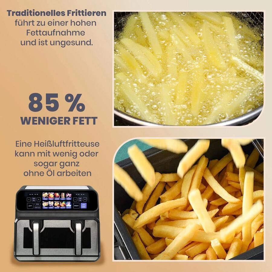 UFTA Airfryer Dubbele Mand Heteluchtfriteuse met Kijkvenster & Verlichting 9 Liter 2200W & 10 Kookprogramma's Zwart