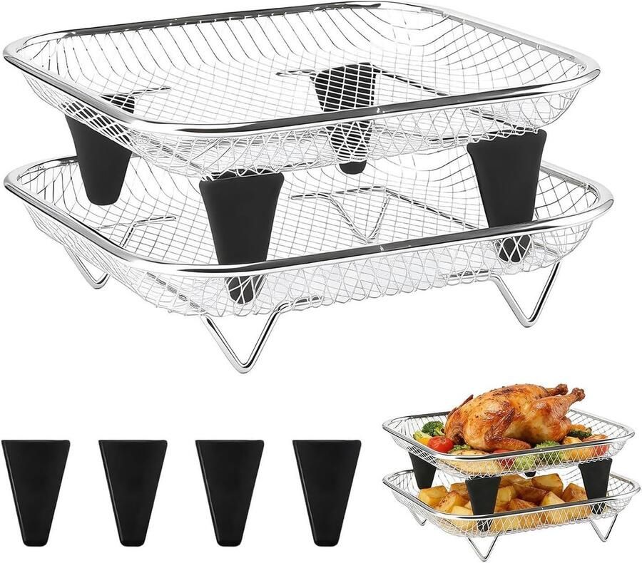 Airfryer Dienblad Oven Rooster Maaltijden Bereiden Stapelbaar Ontwerp 2 Delig Zilver