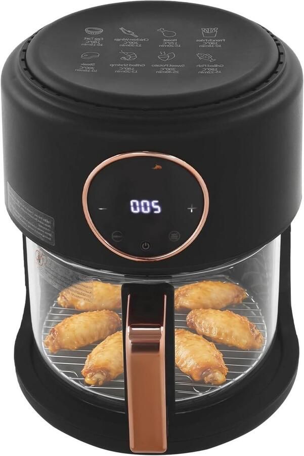 Heteluchtfriteuse met kom Airfryer glas Gezond koken Zichtbaar kookproces 42 liter inhoud Zwart